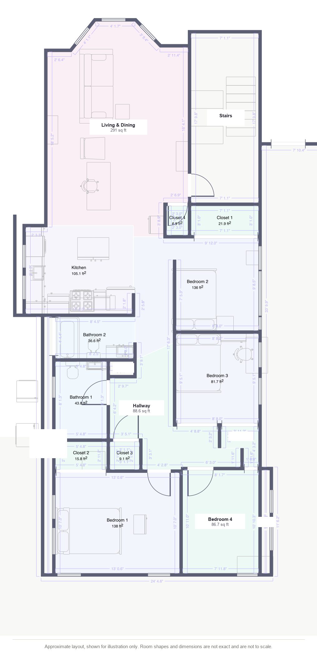 Floor plan of the four bedroom apartment at 285 Lamartine Street